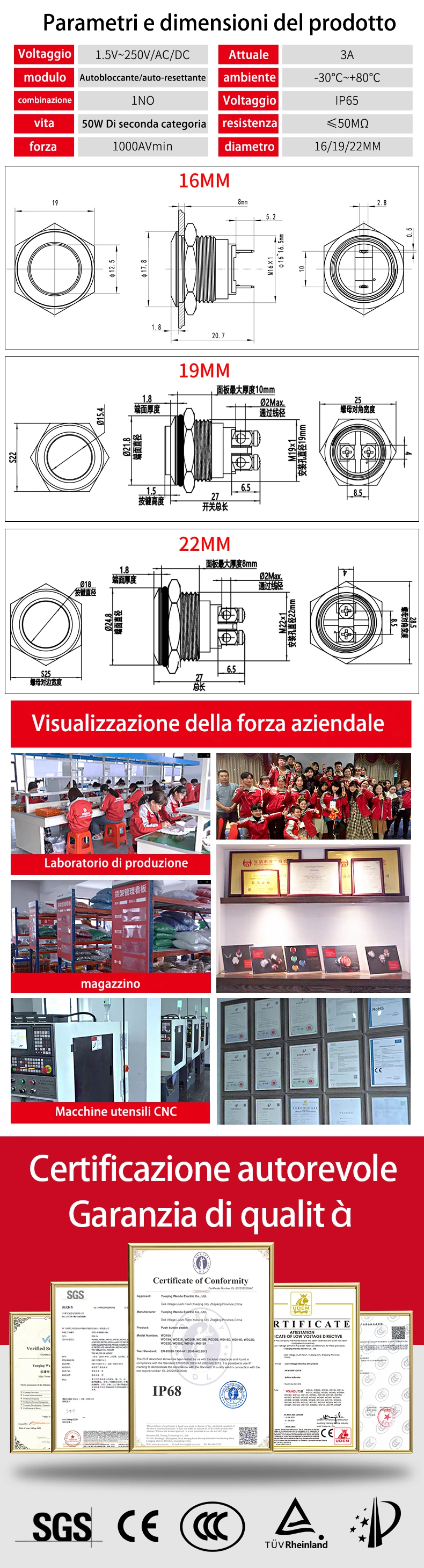 Interruttore a pulsante in metallo non illuminato serie H