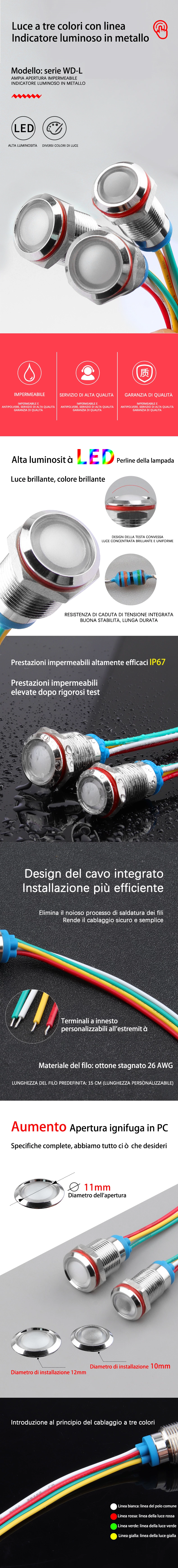 Spia luminosa in metallo a tre colori a quattro fili serie WD10/12L