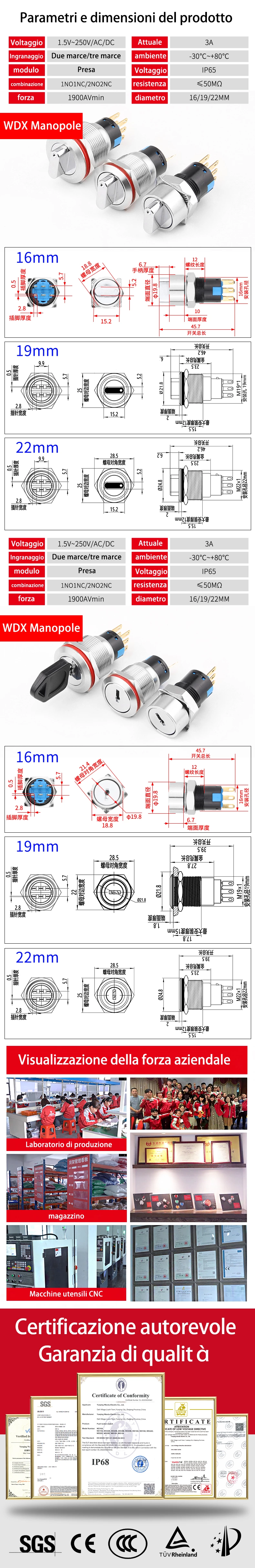 Interruttore a manopola/chiave in metallo serie WD16/19/22 X/Y