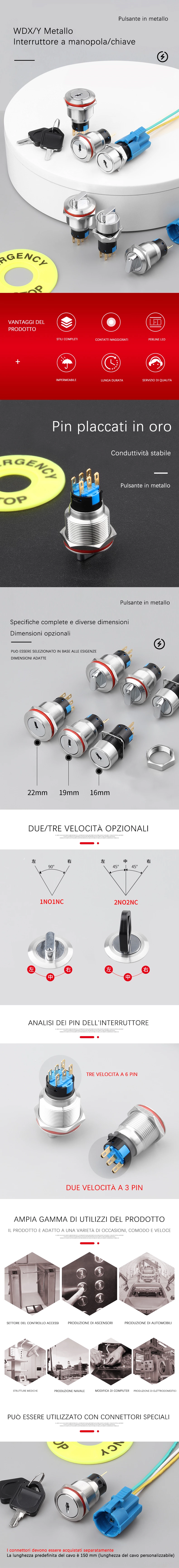Interruttore a manopola/chiave in metallo serie WD16/19/22 X/Y
